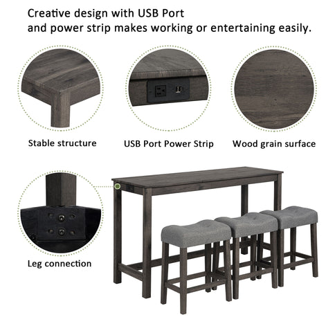 4 Piece Bar Table Set With Power Outlet, 3 Padded Stools