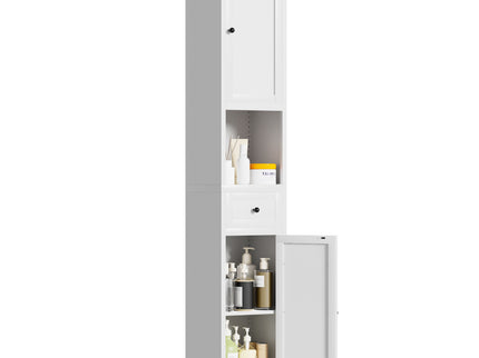 Tall Bathroom Storage Cabinet, 5-Tier Narrow With 2 Doors & Adjustable Shelves, Freestanding - White