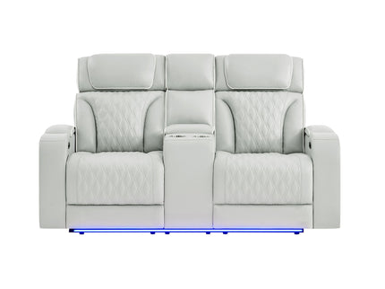 Julian - Power Console Reclining Loveseat, LED & Speaker - Silver