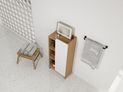 Freestanding Bathroom Side Cabinet, Narrow Storage Cabinet With Single Door & 3 Tier Open Shelves - Black / Light Oak / White