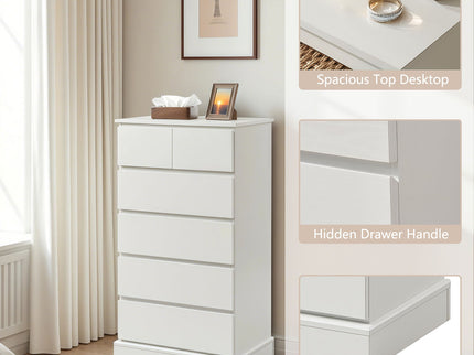 6 Drawer Tall Dresser With Concealed Handles, Vertical Storage Cabinet For Bedroom - White