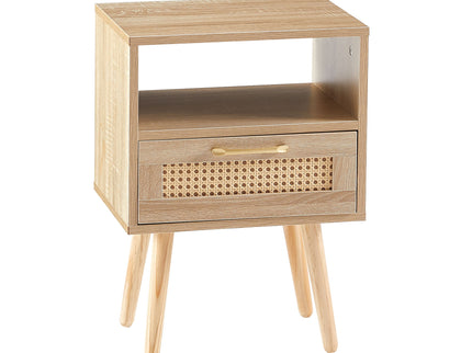 15.75" Rattan End Table With Drawer And Solid Wood Legs, Modern Nightstand, Side Table For Living Room, Bedroom