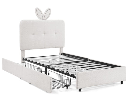 Upholstered Bed With Oversized Rabbit Ear Headboard, LED Lights & 4 Storage Drawers