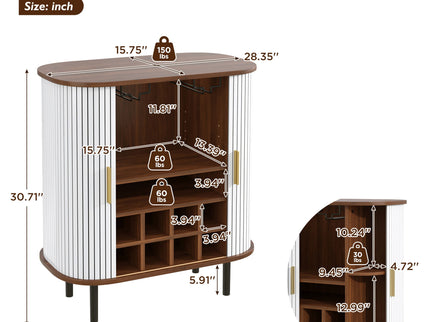 Fluted Wine Bar Cabinet With 8 Grid Wine Rack, 5 Level Adjustable Shelves, 2 Glass Holders