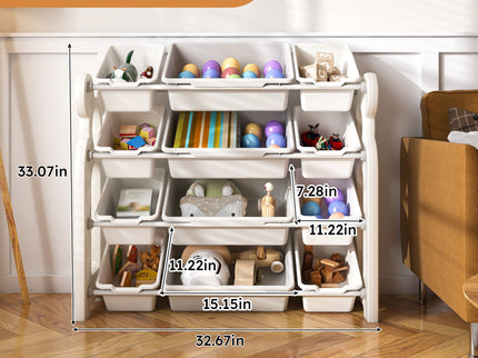 Multi Functional Kids Toy Storage Organizer Cabinet With Hdpe Shelf And 12 Bins - Gray White