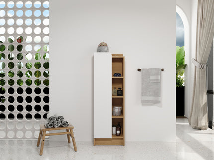 Tall Freestanding Bathroom Side Cabinet With Single Door & 4 Tier Open Shelves - Black / Light Oak / White