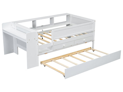 Twin Daybed With Drawers, Trundle, Headboard Storage, Study Desk, And USB Charging Station - White