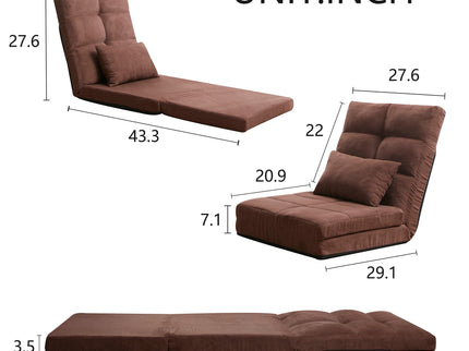 Modern Triple Fold Down Metal Frame Sofa Bed With 5 Reclining Positions And Pillow - Adjustable Upholstered Floor Couch For Gaming Or Guest Room - Brown