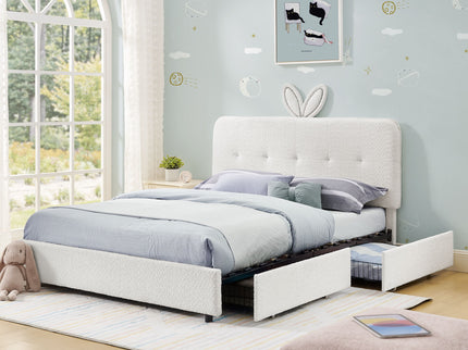 Upholstered Bed With Oversized Rabbit Ear Headboard, LED Lights & 4 Storage Drawers