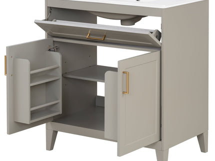 30" Bathroom Vanity With Sink Top, Soft Close Double Doors & Tip Out Drawer, Adjustable Interior Shelf, Door Mounted Organizers - Beige