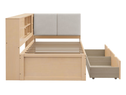 Twin L - Shaped Daybed With Storage Bookcase, Upholstered Headboard, USB Charging Ports & Hidden Drawers - Natural