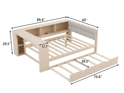 Upholstered Headboard Platform Bed With Storage Shelves, Trundle, Charging Station