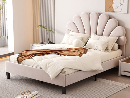 Upholstered Platform Bed With Flower Pattern Headboard