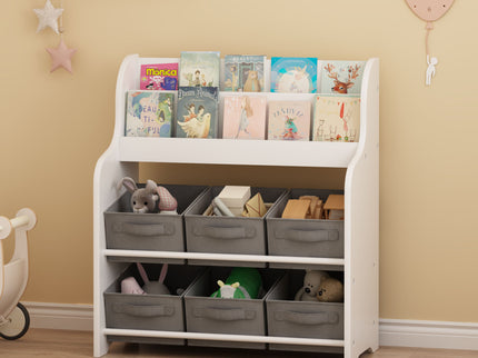 Bookshelf With 6 Storage Bins, Multi Functional Children's Bookcase And Toy Organizer - White