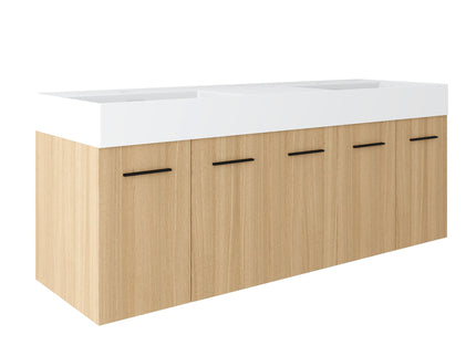 Floating Double Sink Bathroom Vanity With Extra Large Storage, Integrated Sink, Soft Close Doors, Wall Mounted Bath Vanity - Glossy White / Light Oak