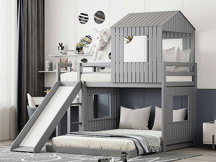 Loft Bunk Bed With Playhouse, Farmhouse, Ladder, Slide And Guardrails