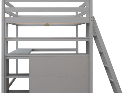 Modern Loft Bed With Built In Desk, Shelves, And 2 Drawers