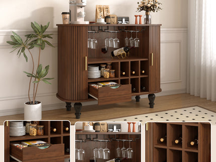 Fluted Liquor & Coffee Bar Cabinet With 6 Wine Racks And 3 Glass Holders