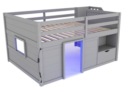 Low Loft Bed Frame With Built In Stairs, Storage Drawer, Shelf And 7 Color LED Light