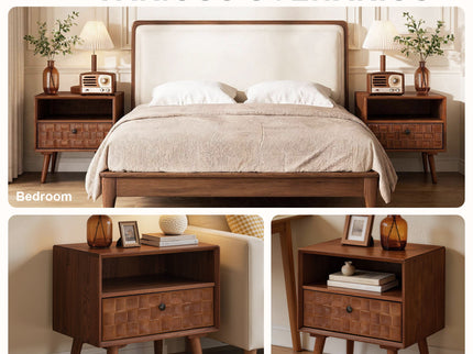 Nightstand With Carved Geometric Drawer Front, 1 Drawer And Open Shelf