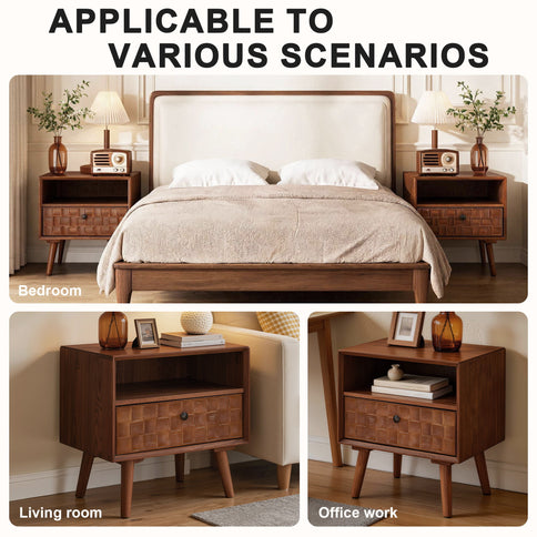 Nightstand With Carved Geometric Drawer Front, 1 Drawer And Open Shelf