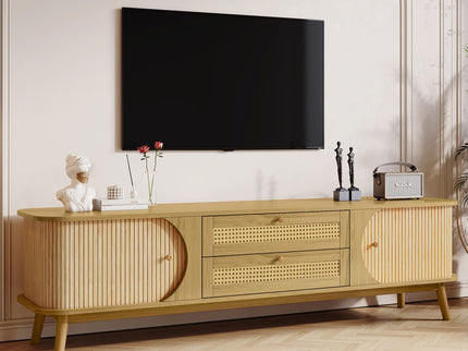Rattan TV Stand For Tvs Up To 75'', Modern Farmhouse Media Console, Entertainment Center With Legs, TV Cabinet For Living Room, Home Theatre - Natural Wood