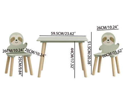 Sloth Themed Table And Chair Set With 2 Cute Animal Chairs - Natural Wood / Sage Green