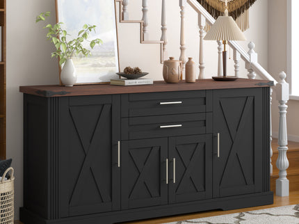 Barn Door Storage Cabinet With 2 Drawers & Door Rack, Adjustable Shelves