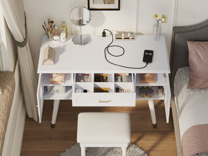 Elegant Vanity Makeup Table & Chair Set Modern Dressing Table With Organizer Writing Desk Charging Port Engineered Wood - White