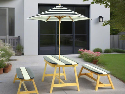 Naturally Playful Kids Picnic Table With Umbrella, Indoor / Outdoor Fun - Blue / White Stripes