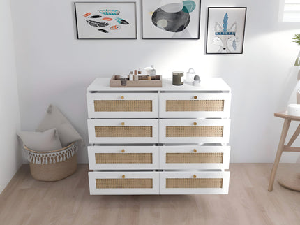 8 Drawers Chest Of Drawers With Rattan Drawer Face Golden Legs And Handles - White