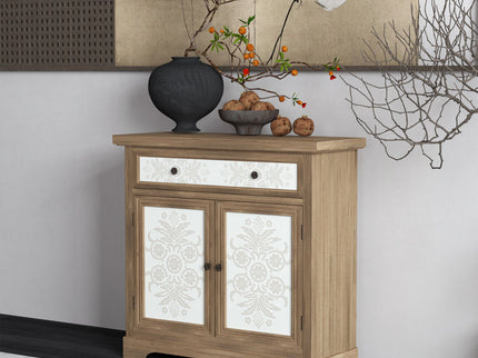 Accent Cabinet With Carved Floral Panels, Sideboard With Drawer And Double Doors - Antique Brown / White