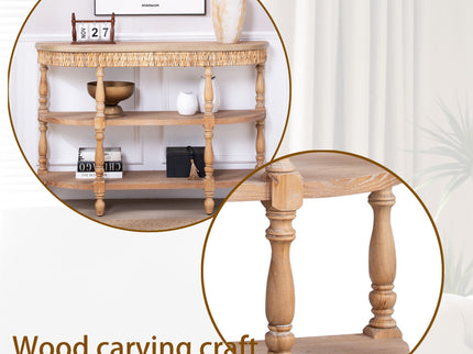 Handcrafted Console Table With Hand Woven Trim, 3 Tier Storage Shelves - Natural