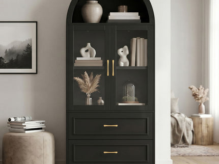 Arched Top Storage Cabinet With Fixed 2 Tier Shelves, 2 Large Drawers