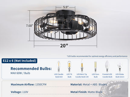 Flush Mount Ceiling Fan With Lights, Low Profile Fandelier With E12 Sockets, Reversible DC Motor, 6 Speeds - Black