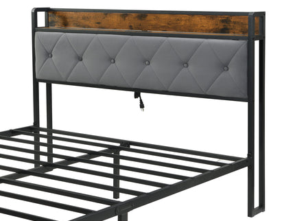 Modern Bed Frame With LED Lights, Upholstered Headboard, USB Charging