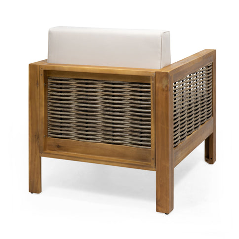 Outdoor 4 Seater Acacia Wood Chat Set With Wicker Accents And Cushions - Teak / Mixed Brown / Beige