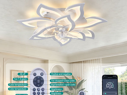 32" Flower Ceiling Fan With LED Dimmable Light, Low Profile Flush Mount Fan With Remote Control, 6 Speeds