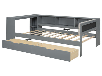 Upholstered Headboard Platform Bed With Storage Shelves, Drawers, Charging Station