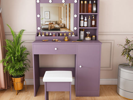 Vanity Desk Set With Padded Stool And Adjustable LED Mirror, 3 Color Light Modes - Purple