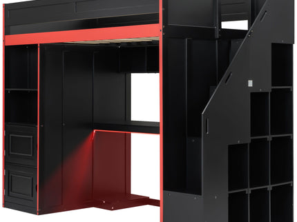 Gaming Loft Bed With Desk And Storage, LED Lights