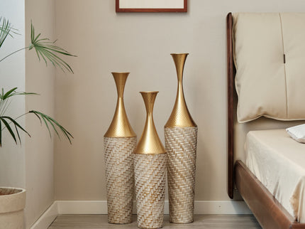 Floor Metal Vase Modern Style Decoration Home Woven Pattern Metal Vase 3 Piece Set Gorgeous Home Decoration Large Glazed Metal Vase - Champagne