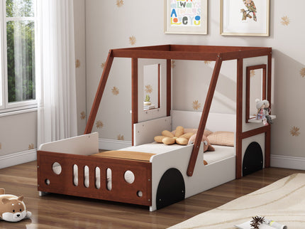 Fun Play Design Twin Size Car Bed, Kids Platform Bed In Car Shaped For Kids Boys Girls Teens - White / Orange