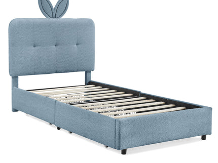 Upholstered Bed With Oversized Rabbit Ear Headboard, LED Lights & 4 Storage Drawers