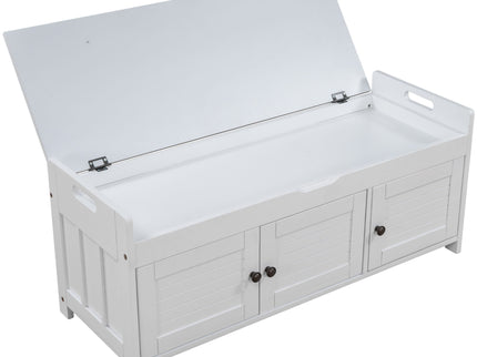 Storage Bench With 3 Shutter-Shaped Doors, Shoe Bench With Removable Cushion And Hidden Storage Space