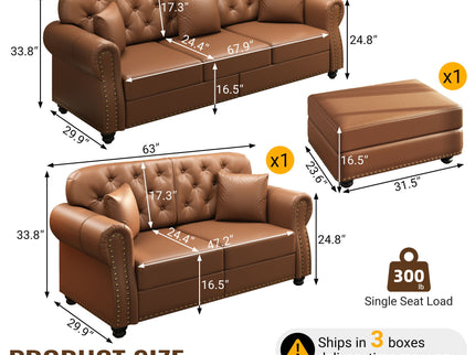 Upholstered Sofa With Nailhead Trim, Rolled Armrests With Ottoman