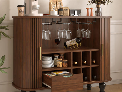 Fluted Liquor & Coffee Bar Cabinet With 6 Wine Racks And 3 Glass Holders