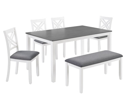 6 Piece Kitchen Dining Set, Rectangular Dining Table With 4 Upholstered Chairs And Bench - Gray / White