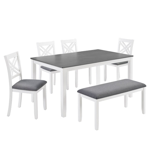 6 Piece Kitchen Dining Set, Rectangular Dining Table With 4 Upholstered Chairs And Bench - Gray / White