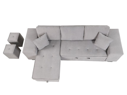 Modern L-Shape 3 Seat Reversible Sectional Couch, Pull Out Sleeper Sofa With Storage Chaise And 2 Stools For Living Room Furniture Set